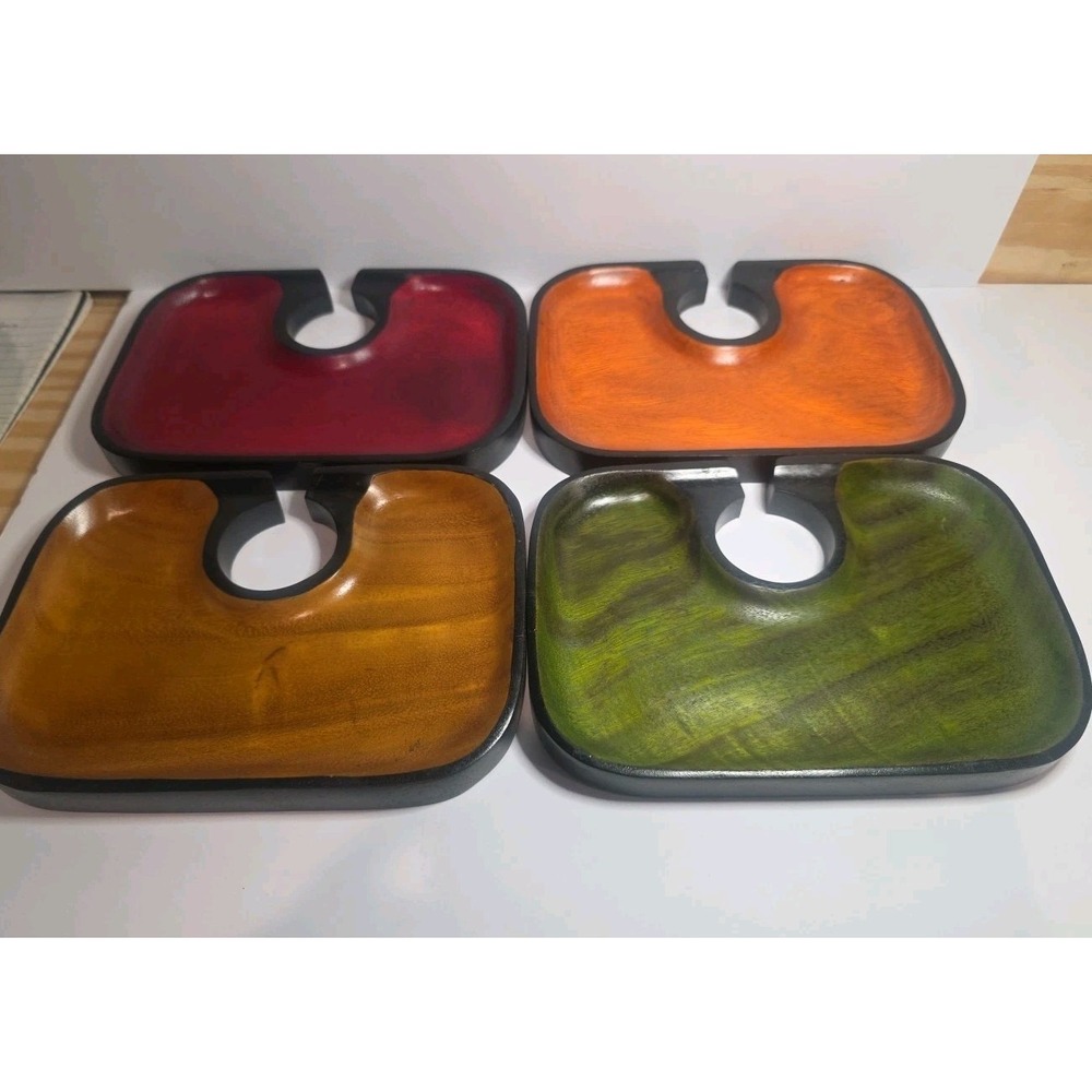 Vintage Snack Trays Wood Mid Century Retro MCM Set 4 Rectangular Plate Serving
